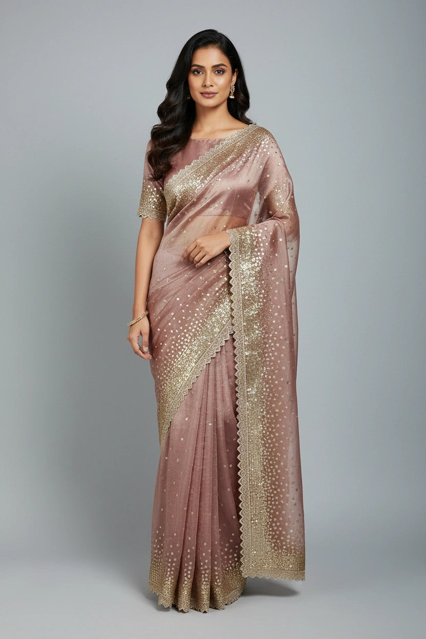 Embroidered Tissue Saree with Modern Linear Geometric Work | Rangoli