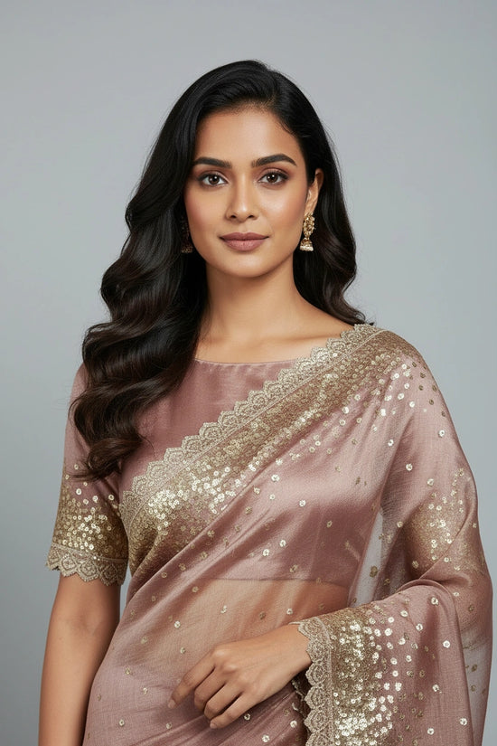 Artisan Tissue Saree Embroidered Saree - Onion Pink | Rangoli