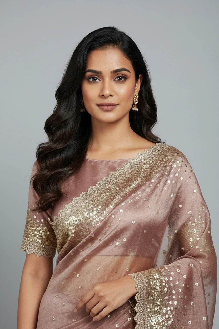 Artisan Tissue Saree Embroidered Saree - Onion Pink | Rangoli