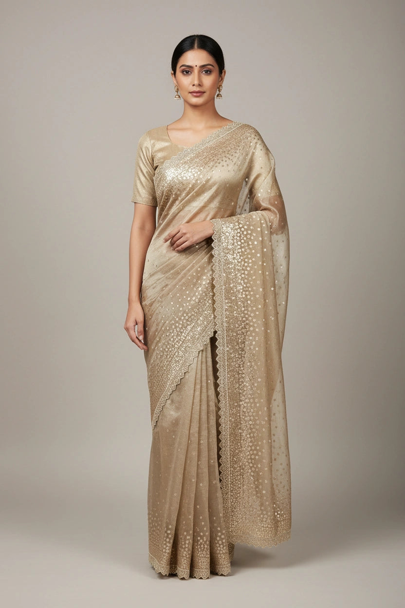 Artisan Tissue Saree Embroidered Saree - Chiku | Rangoli