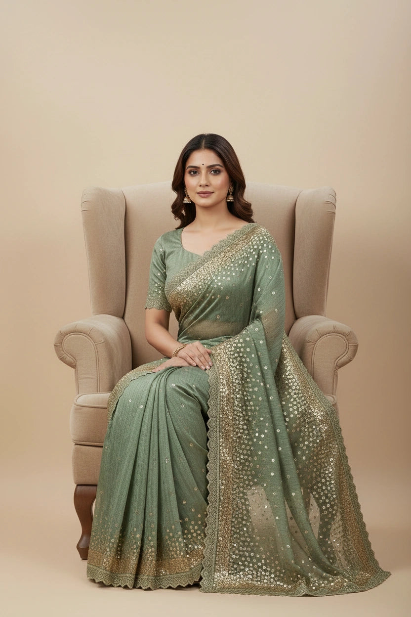 Embroidered Tissue Saree with Modern Linear Geometric Work - View 6 | Rangoli