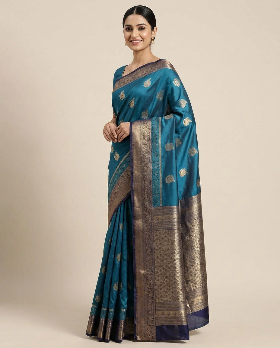 South Weave Saree in Silk Katan with Textured Pallu - Rangoli India