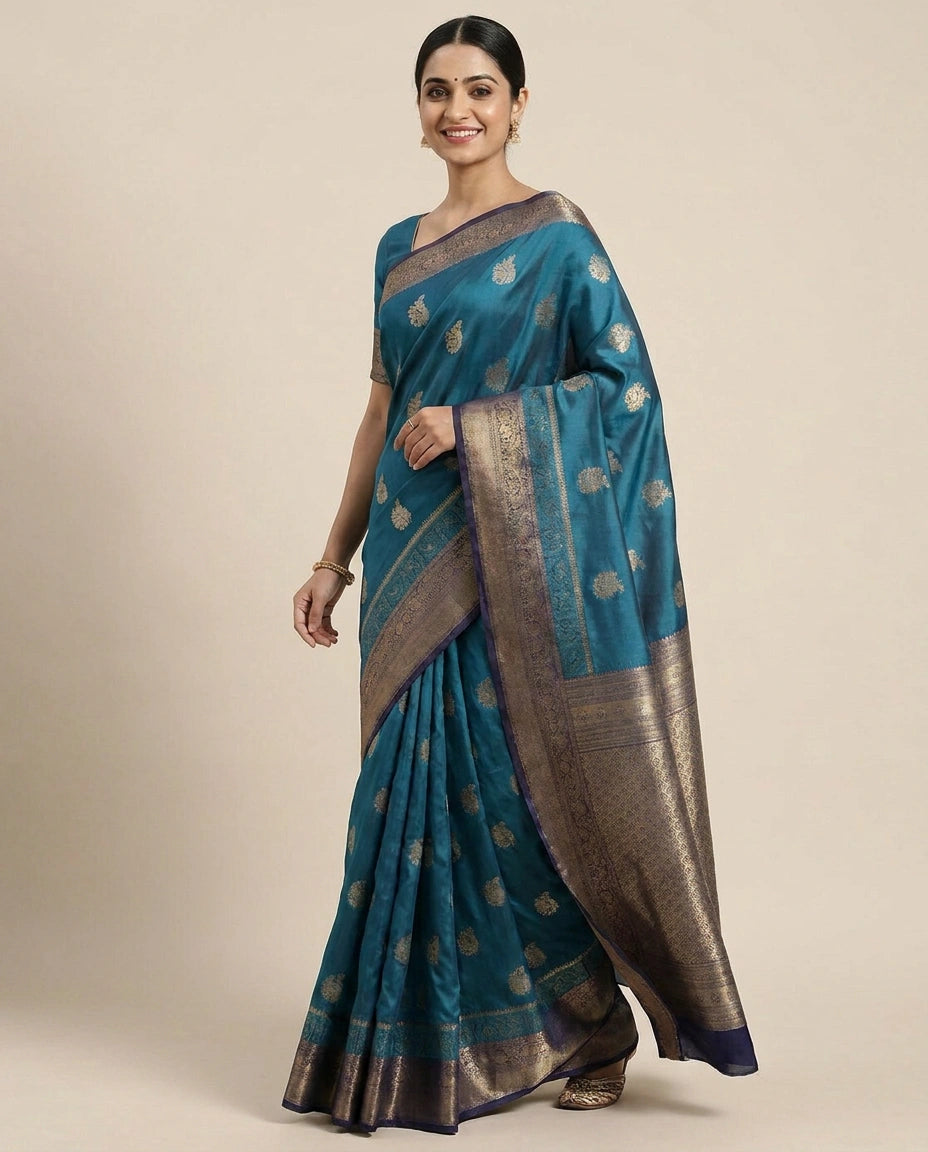 South Weave Saree in Silk Katan with Textured Pallu - Rangoli India