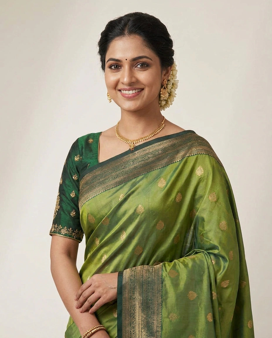South Weave Saree in Silk Katan with Striped Border - Rangoli India