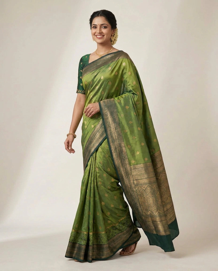 South Weave Saree in Silk Katan with Striped Border - Rangoli India