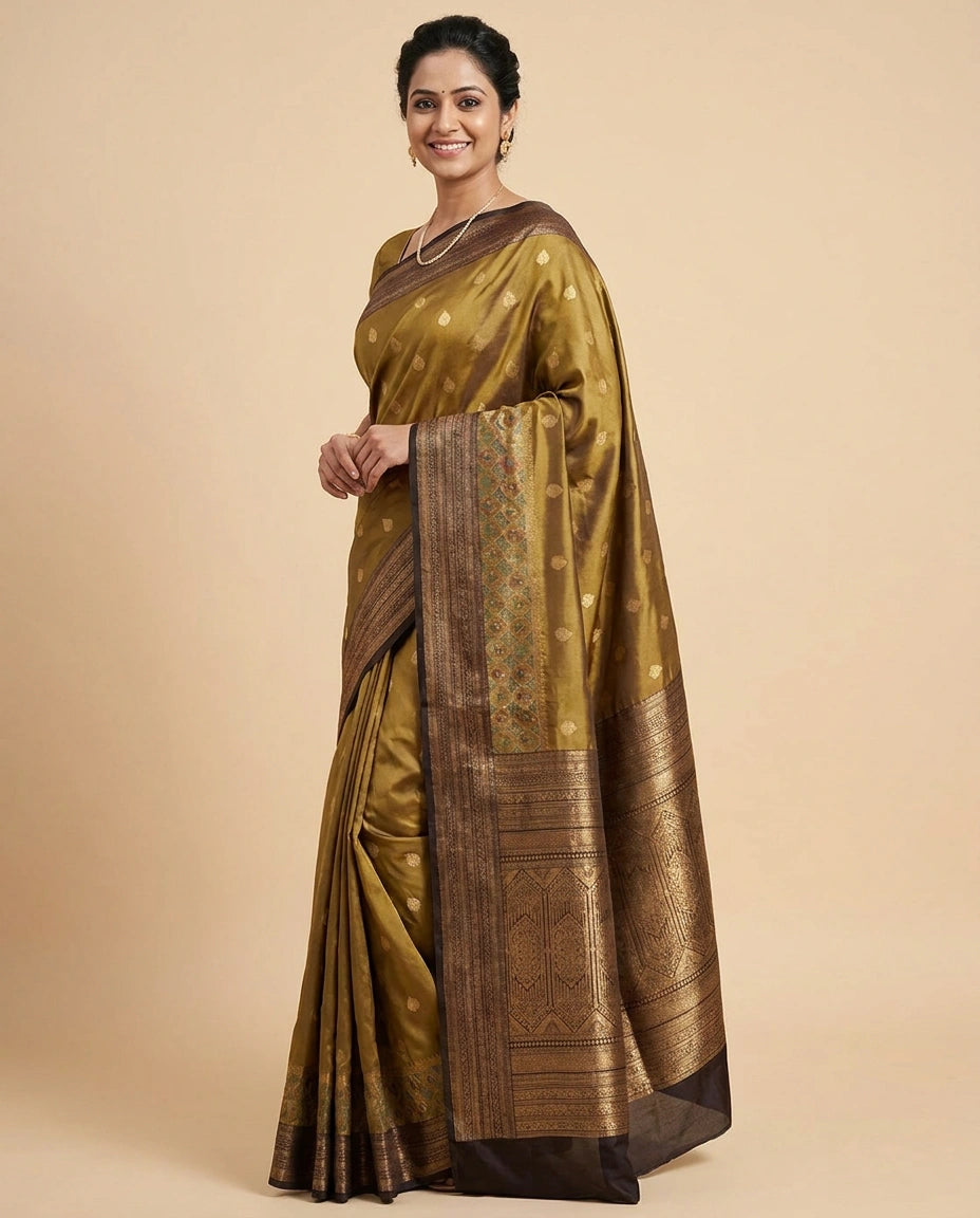 South Weave Saree in Silk Katan with Striped Border - Rangoli India
