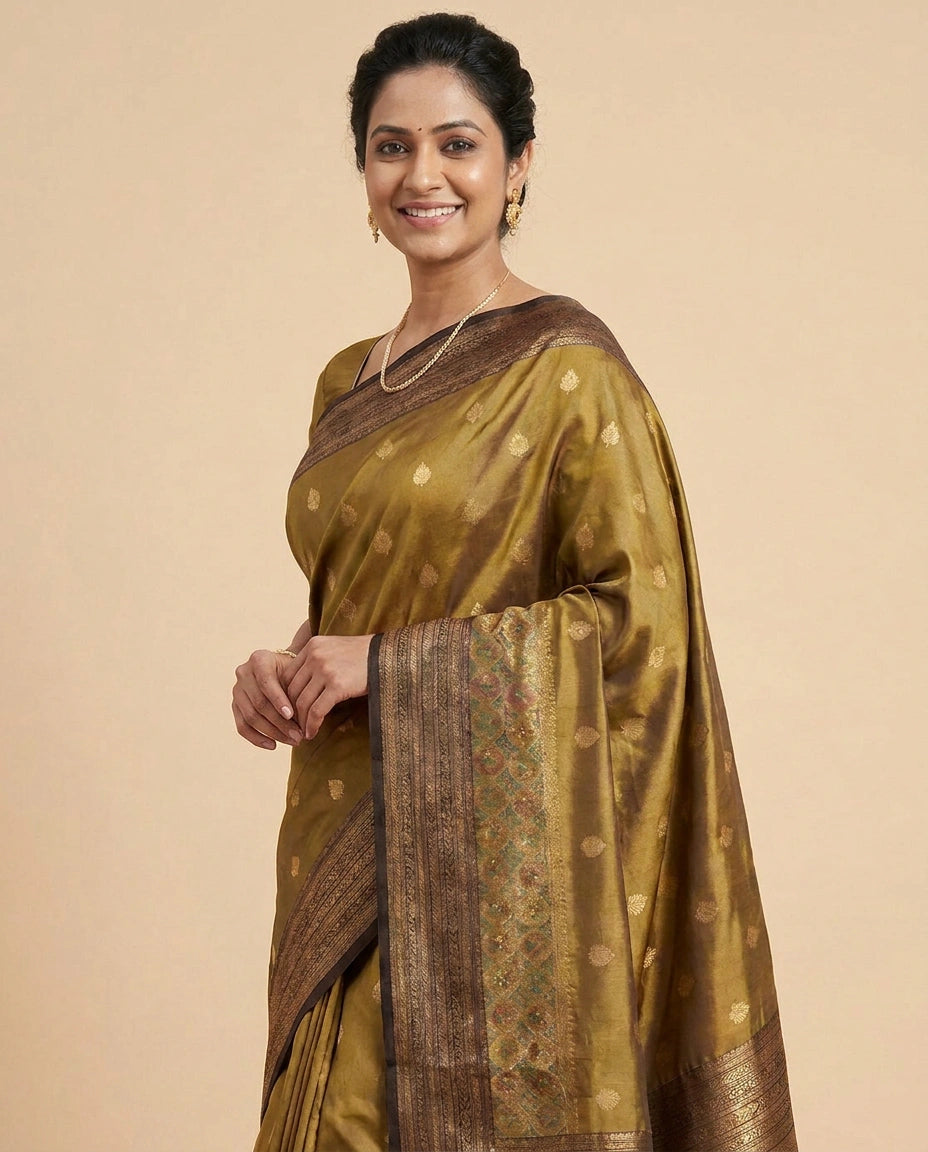 South Weave Saree in Silk Katan with Striped Border - Rangoli India