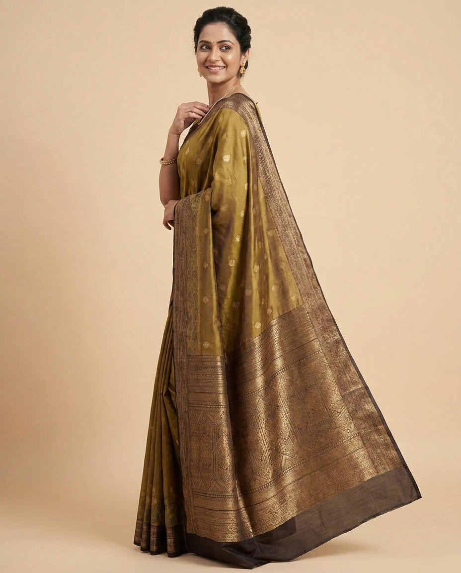 South Weave Saree in Silk Katan with Striped Border - Rangoli India