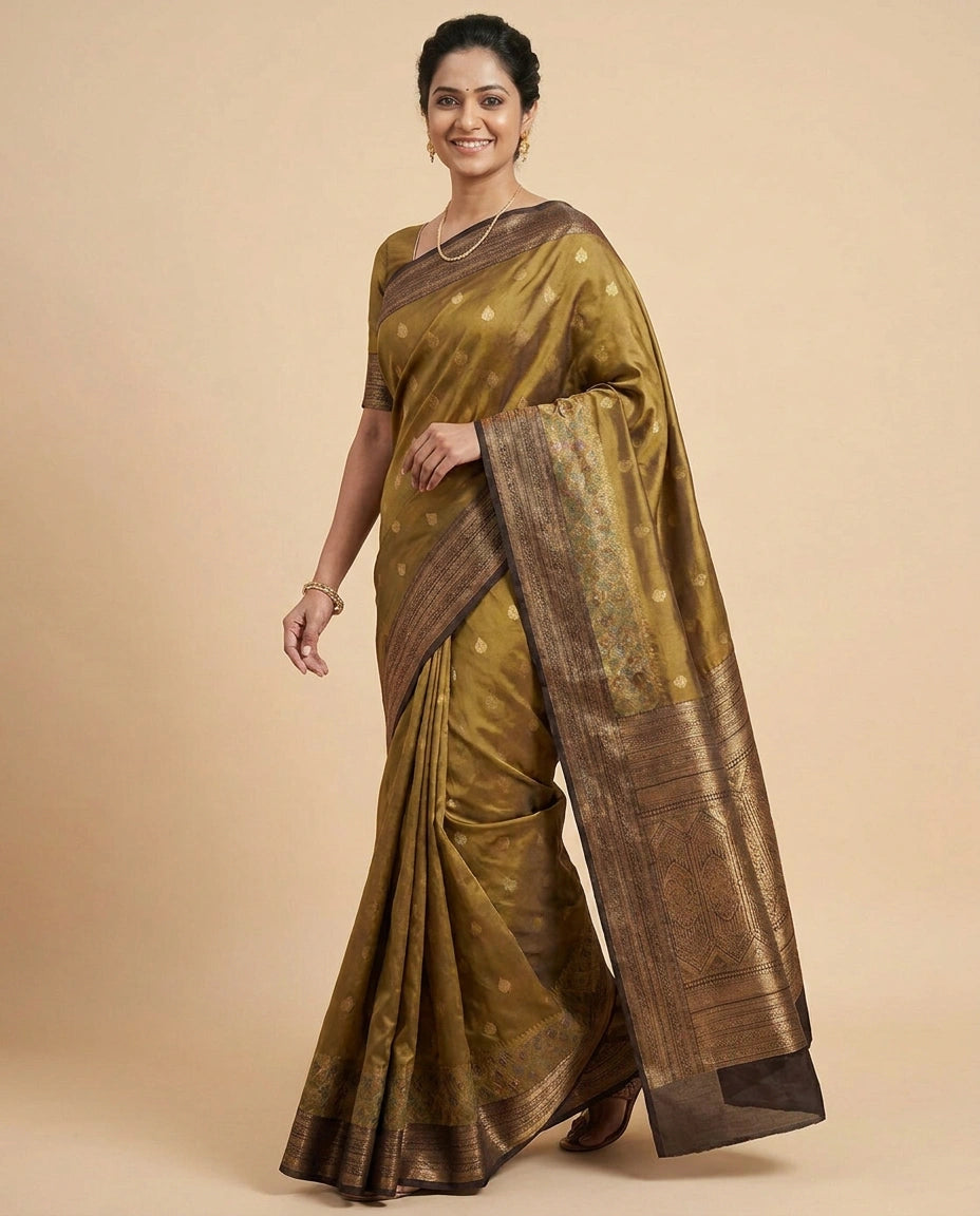 South Weave Saree in Silk Katan with Striped Border - Rangoli India