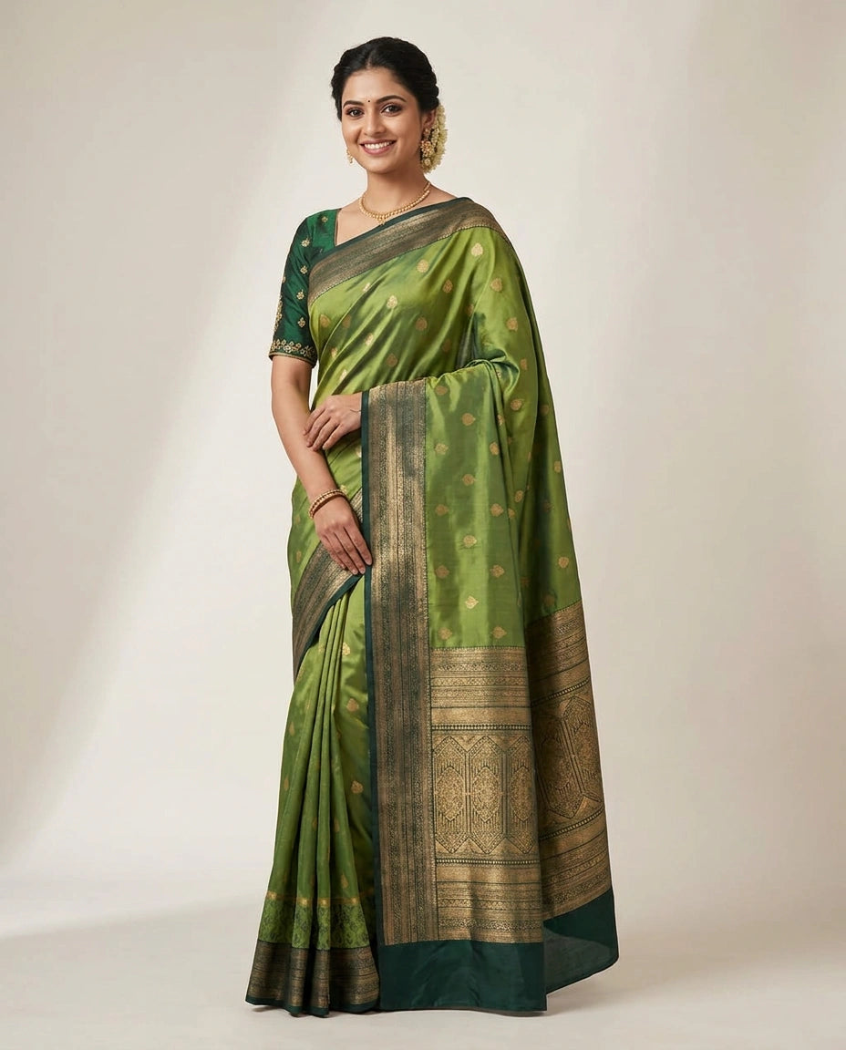 South Weave Saree in Silk Katan with Striped Border - Rangoli India