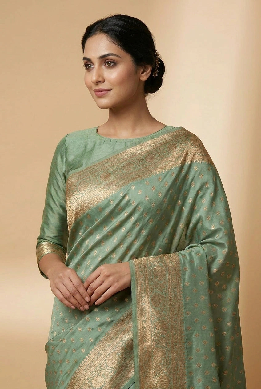 Mauve Pista South Weave Silk Katan Saree for Festive Wear