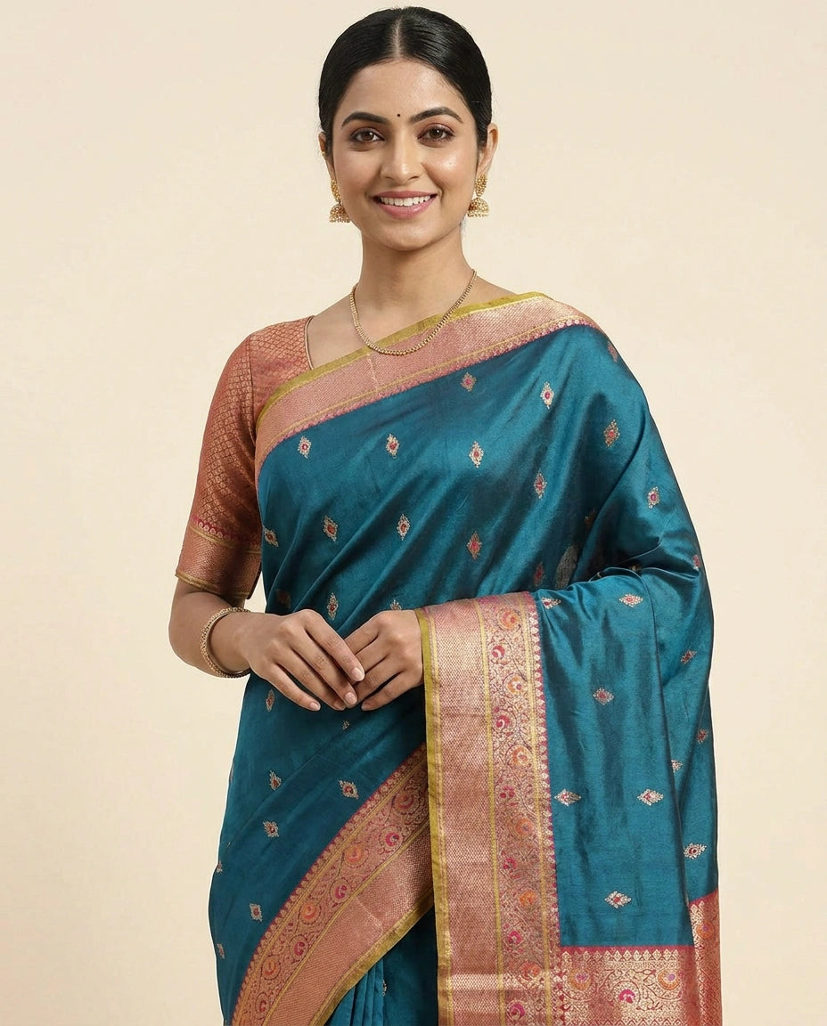 Silk Katan Banarasi Saree with Woven Motifs - Rangoli India
