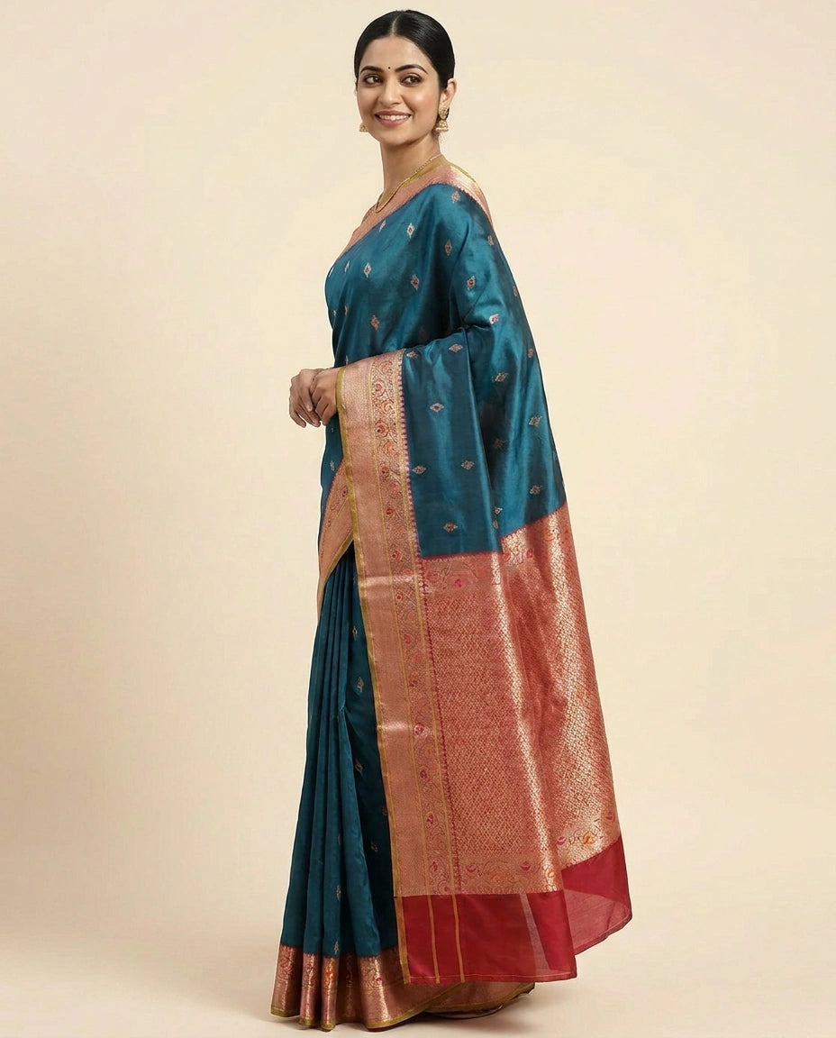 Silk Katan Banarasi Saree with Woven Motifs - Rangoli India