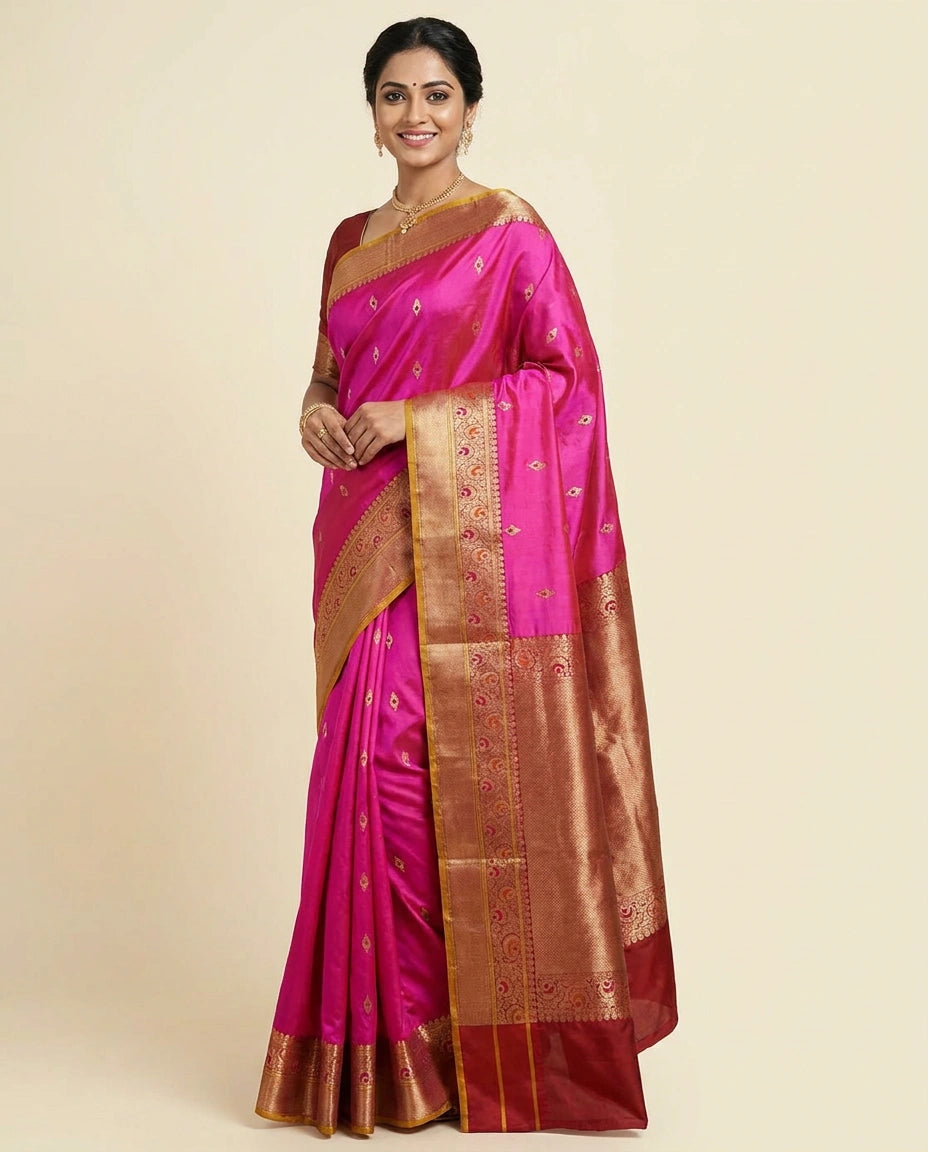 Silk Katan Banarasi Saree with Woven Motifs - Rangoli India