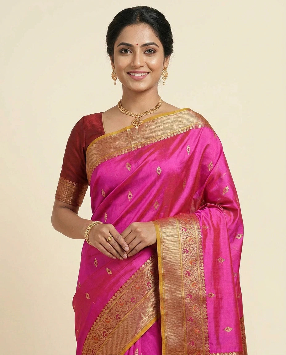 Silk Katan Banarasi Saree with Woven Motifs - Rangoli India