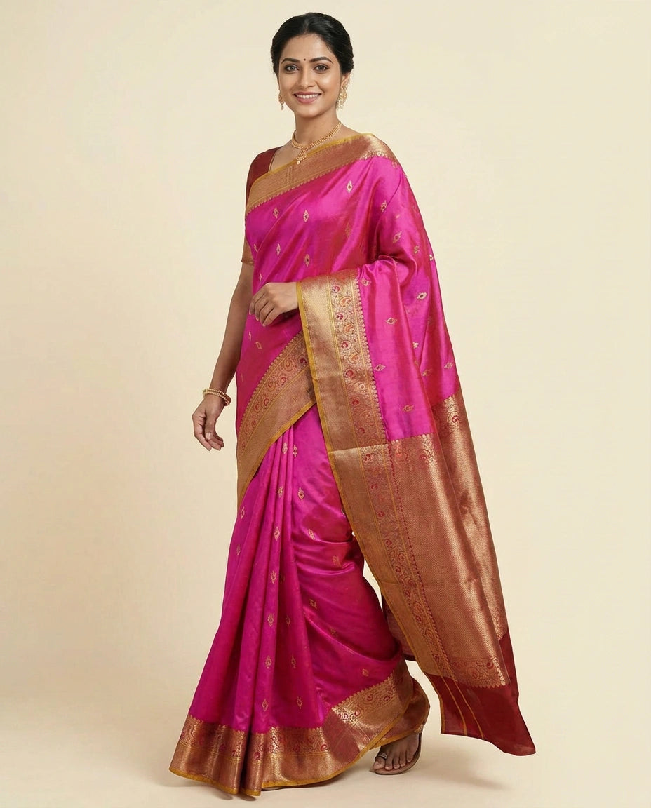 Silk Katan Banarasi Saree with Woven Motifs - Rangoli India