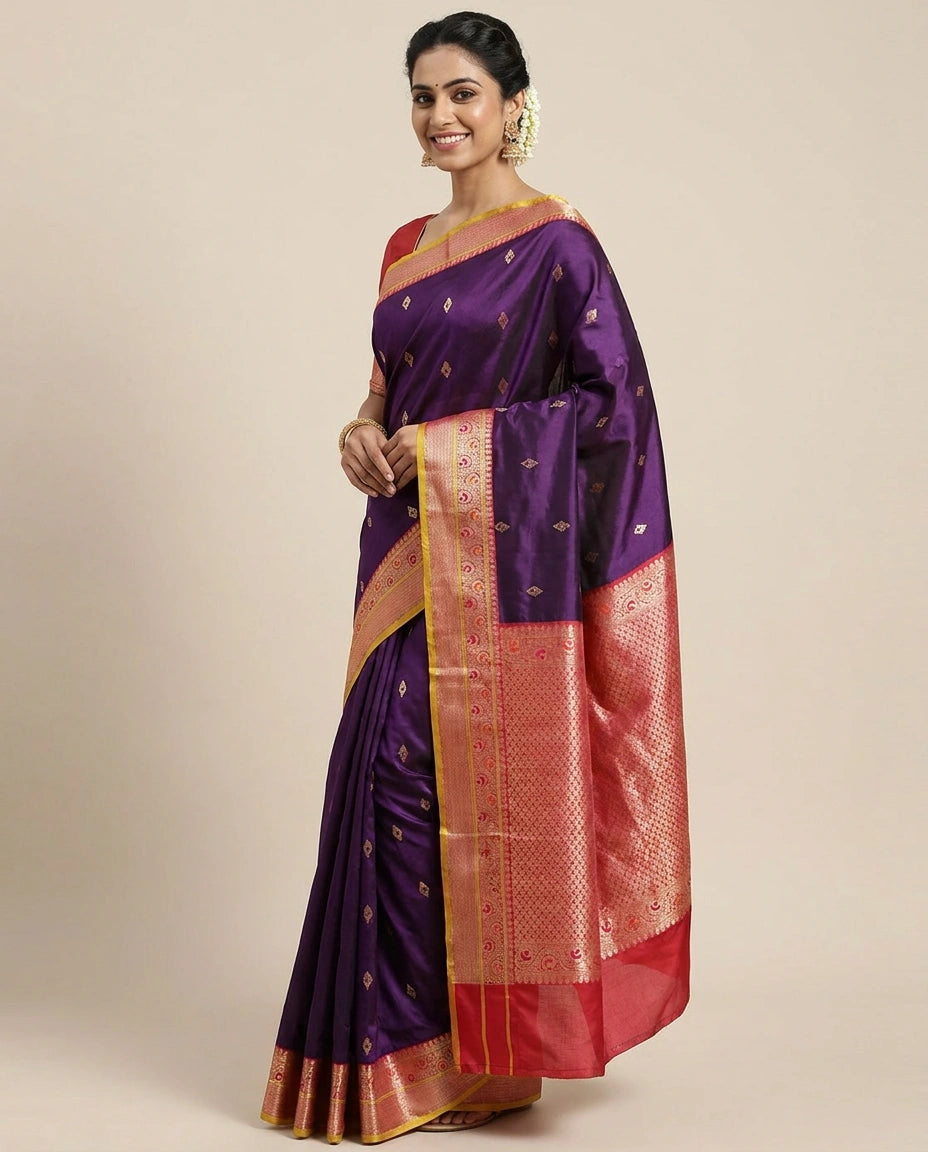 Silk Katan Banarasi Saree with Woven Motifs - Rangoli India