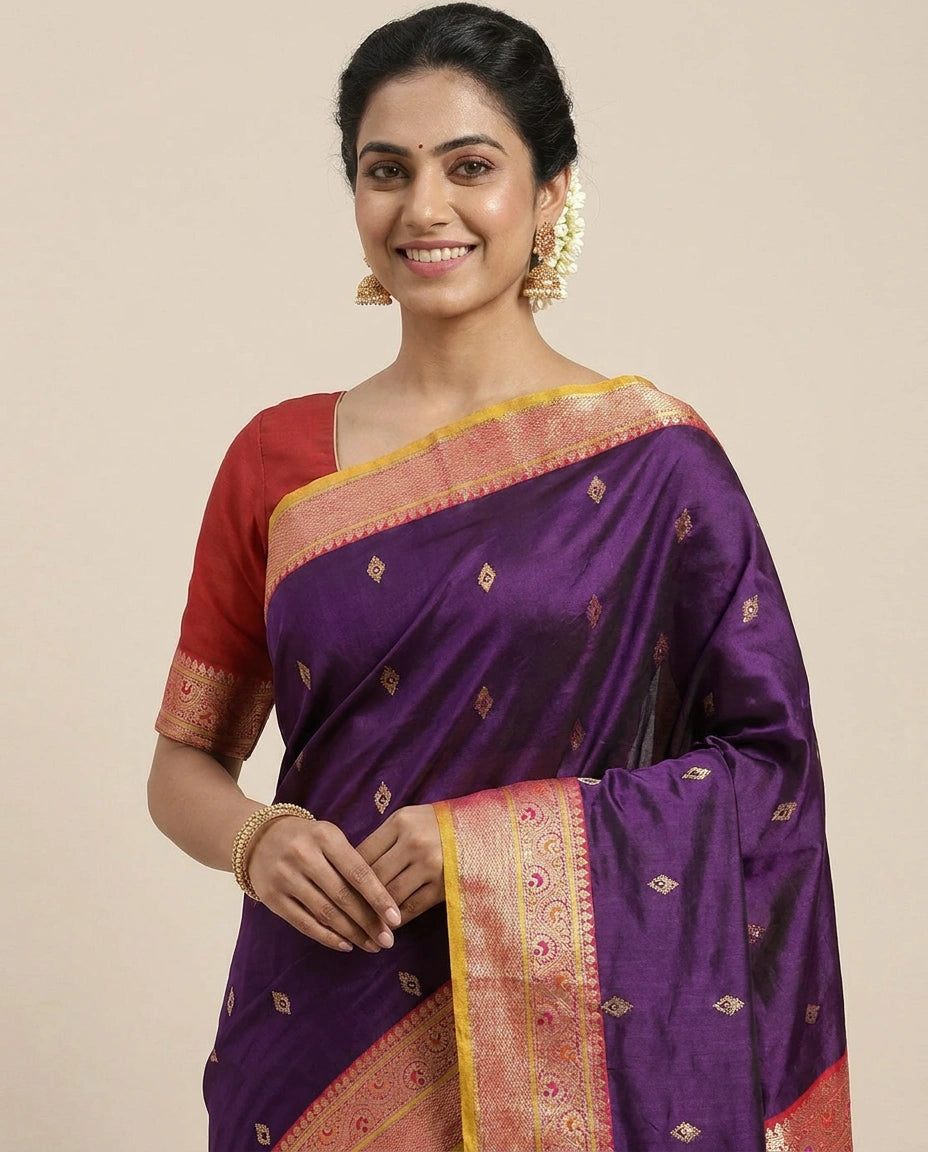 Silk Katan Banarasi Saree with Woven Motifs - Rangoli India