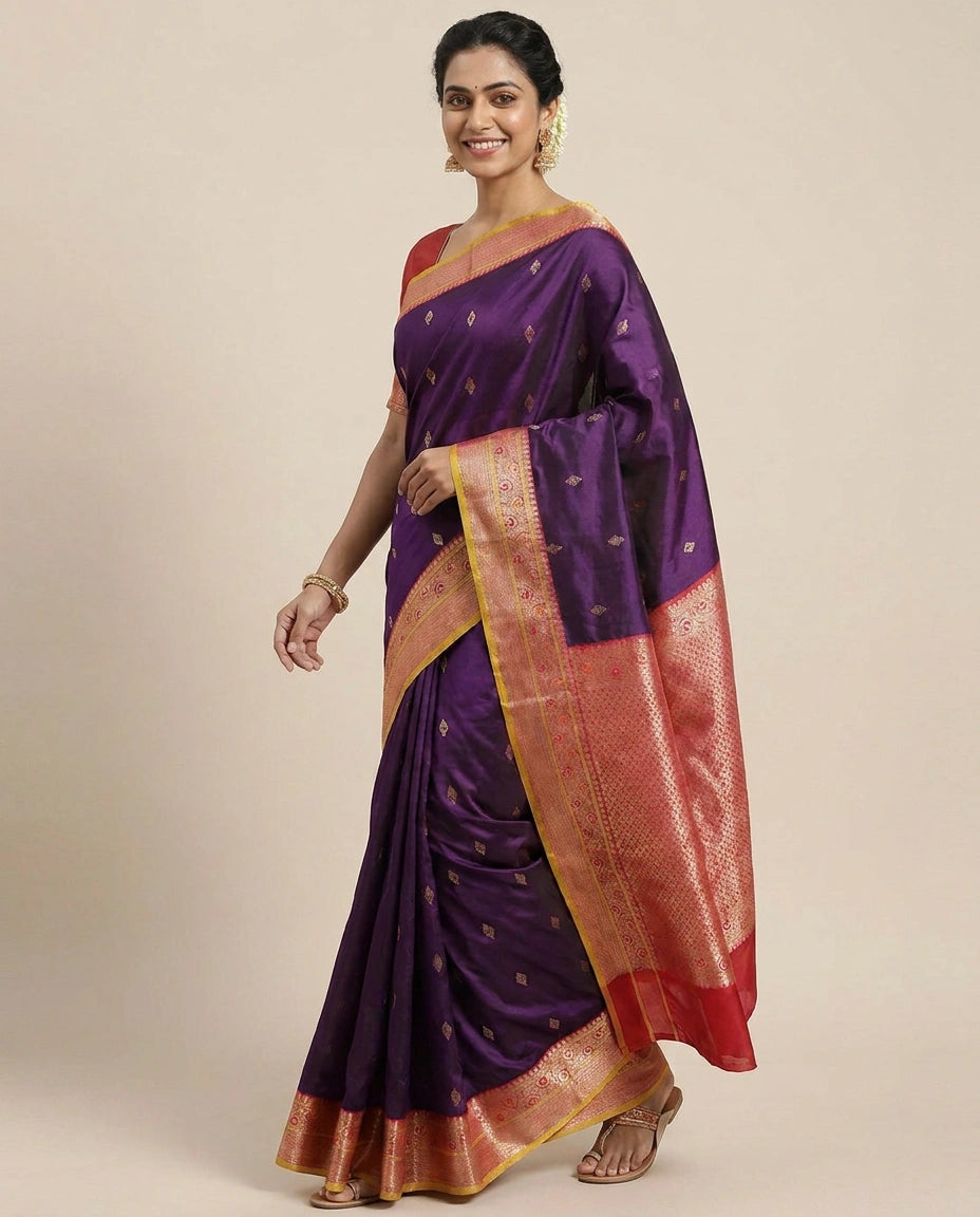 Silk Katan Banarasi Saree with Woven Motifs - Rangoli India