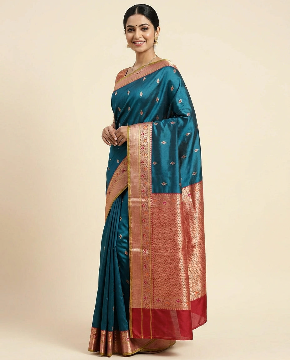 Silk Katan Banarasi Saree with Woven Motifs - Rangoli India
