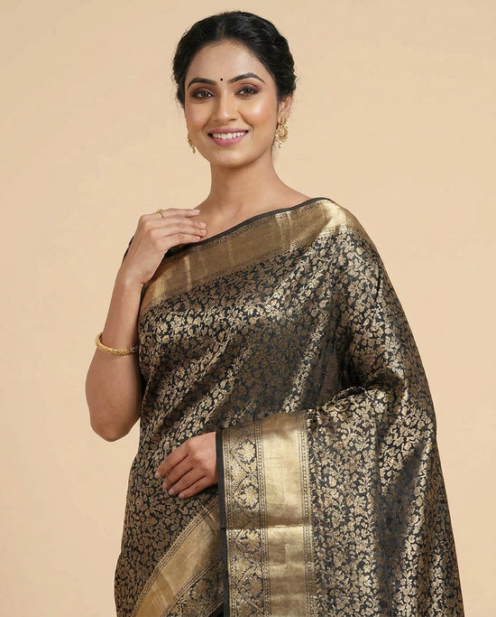 Black Kanchipuram Saree in Silk Katan - Rangoli India