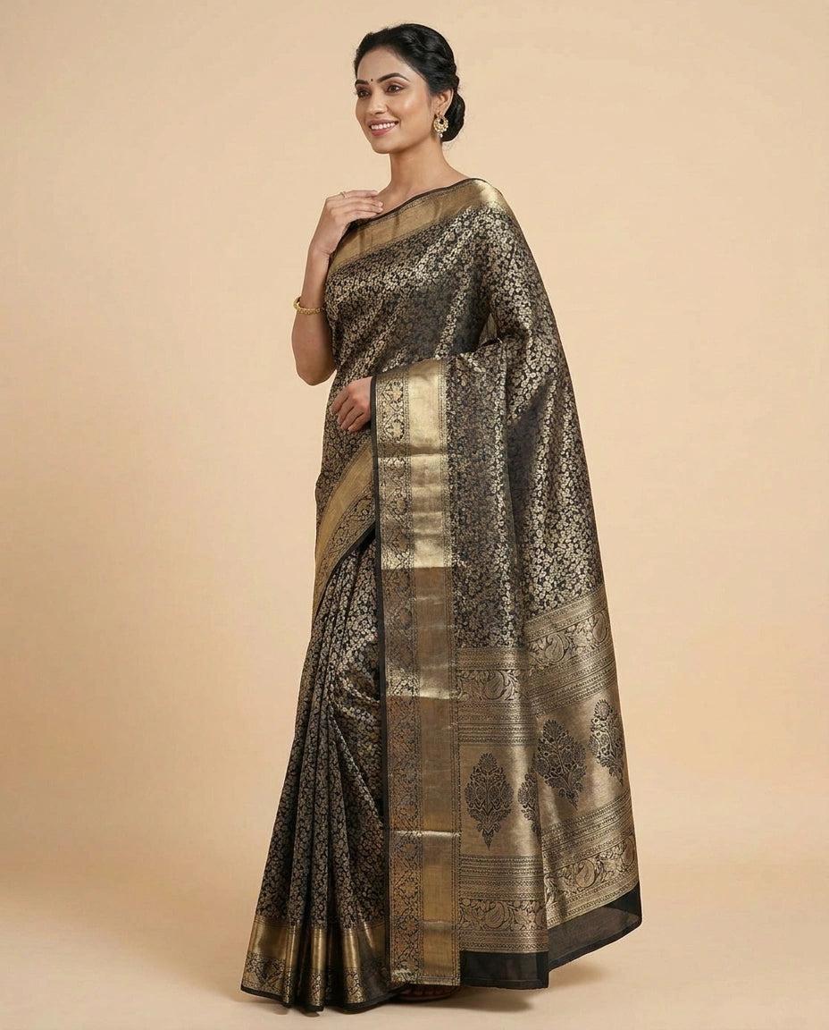 Black Kanchipuram Saree in Silk Katan - Rangoli India
