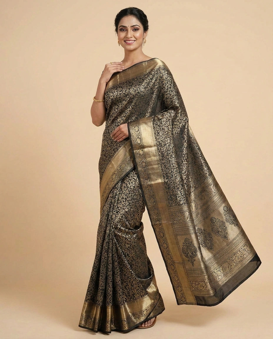 Black Kanchipuram Saree in Silk Katan - Rangoli India