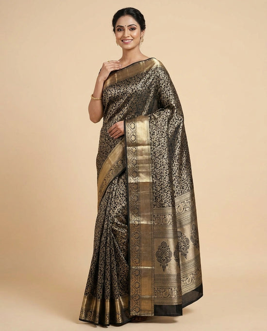 Black Kanchipuram Saree in Silk Katan - Rangoli India