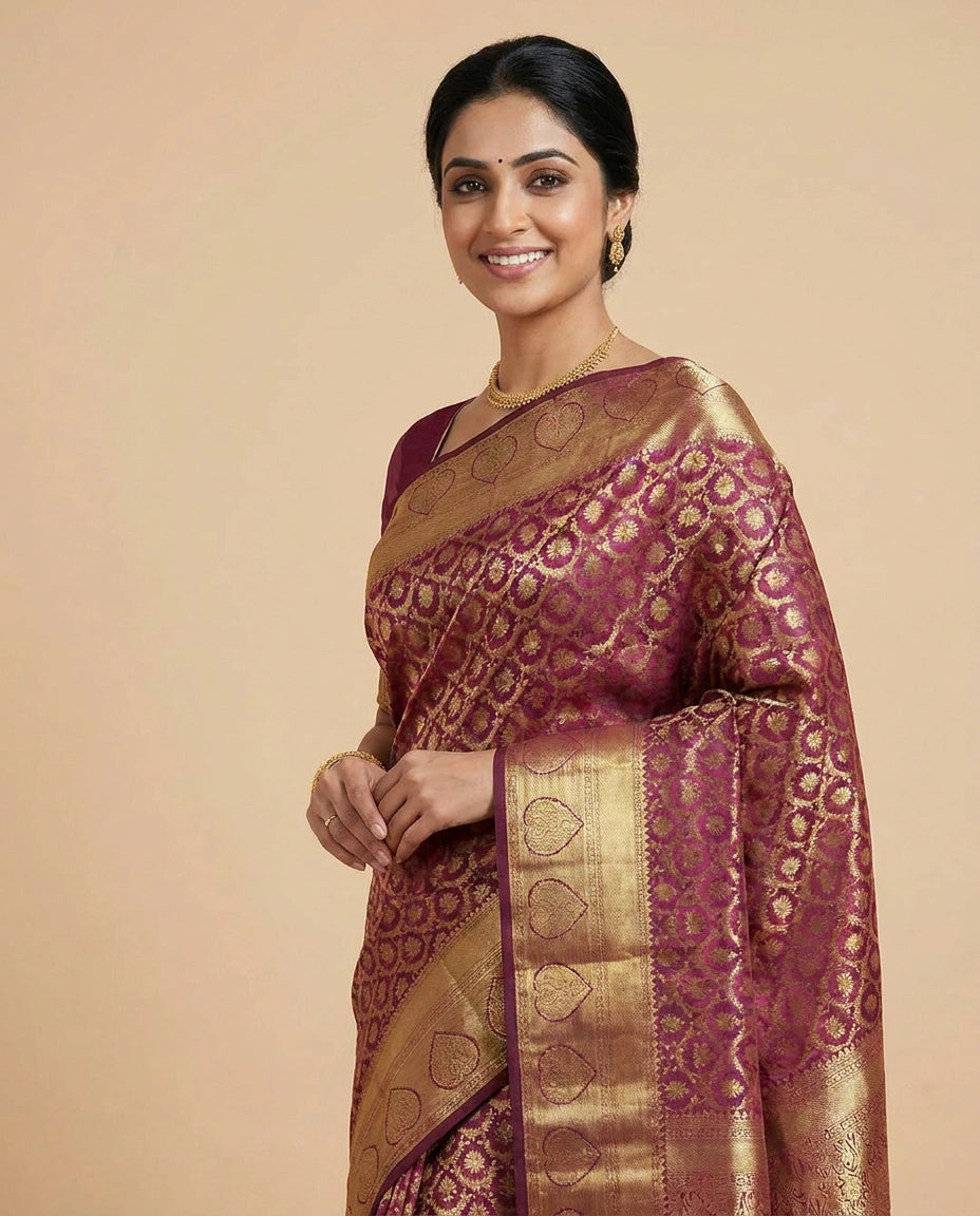 Wine Kanchipuram Saree in Silk Katan - Rangoli India