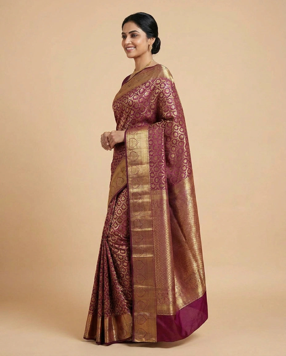 Wine Kanchipuram Saree in Silk Katan - Rangoli India