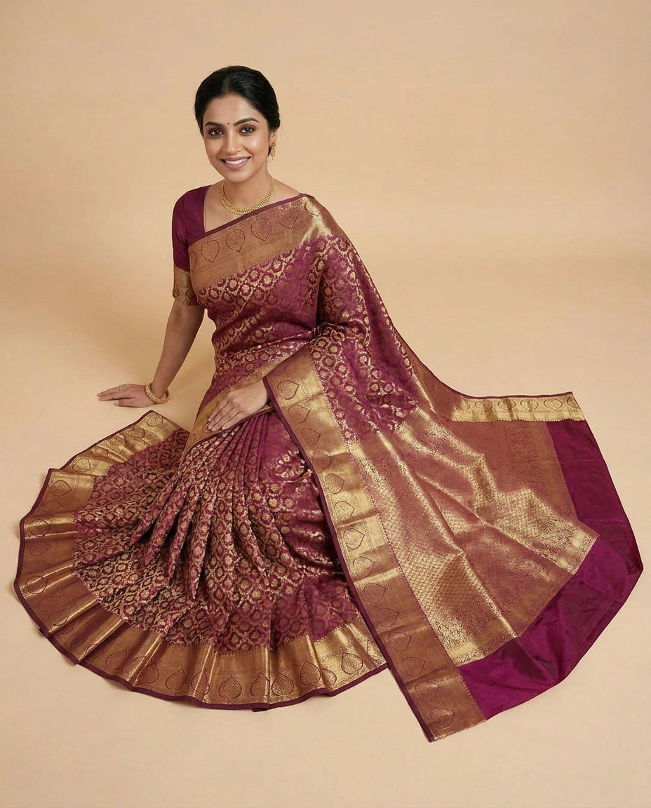 Wine Kanchipuram Saree in Silk Katan - Rangoli India
