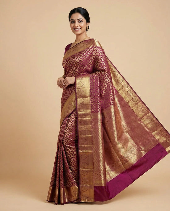 Wine Kanchipuram Saree in Silk Katan - Rangoli India