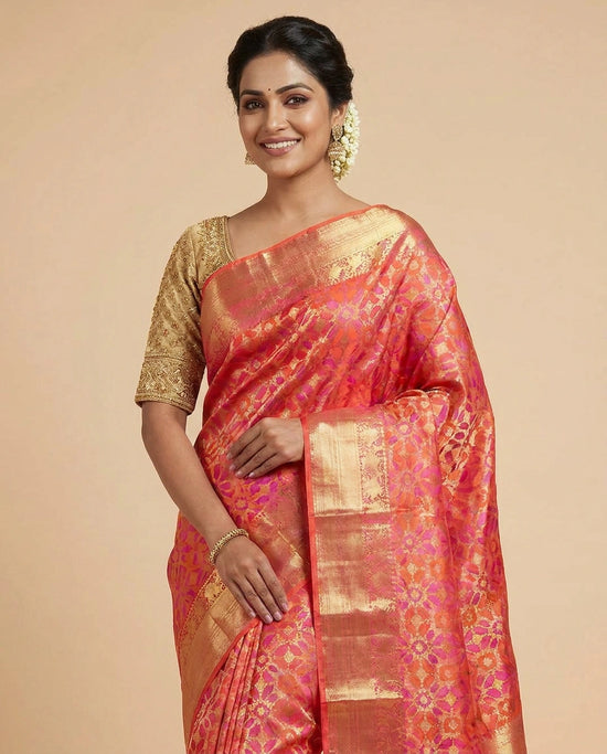 Orange Kanchipuram Saree in Silk Katan - Rangoli India