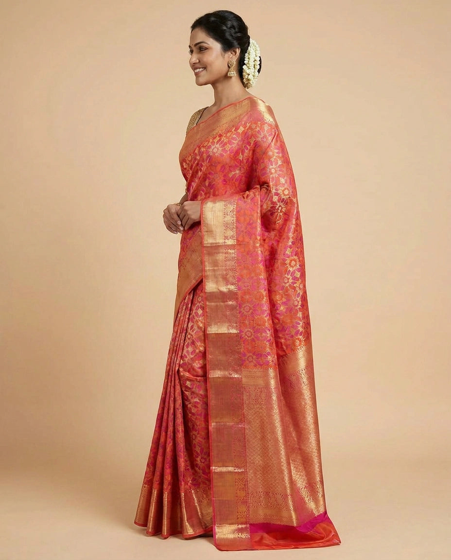 Orange Kanchipuram Saree in Silk Katan - Rangoli India