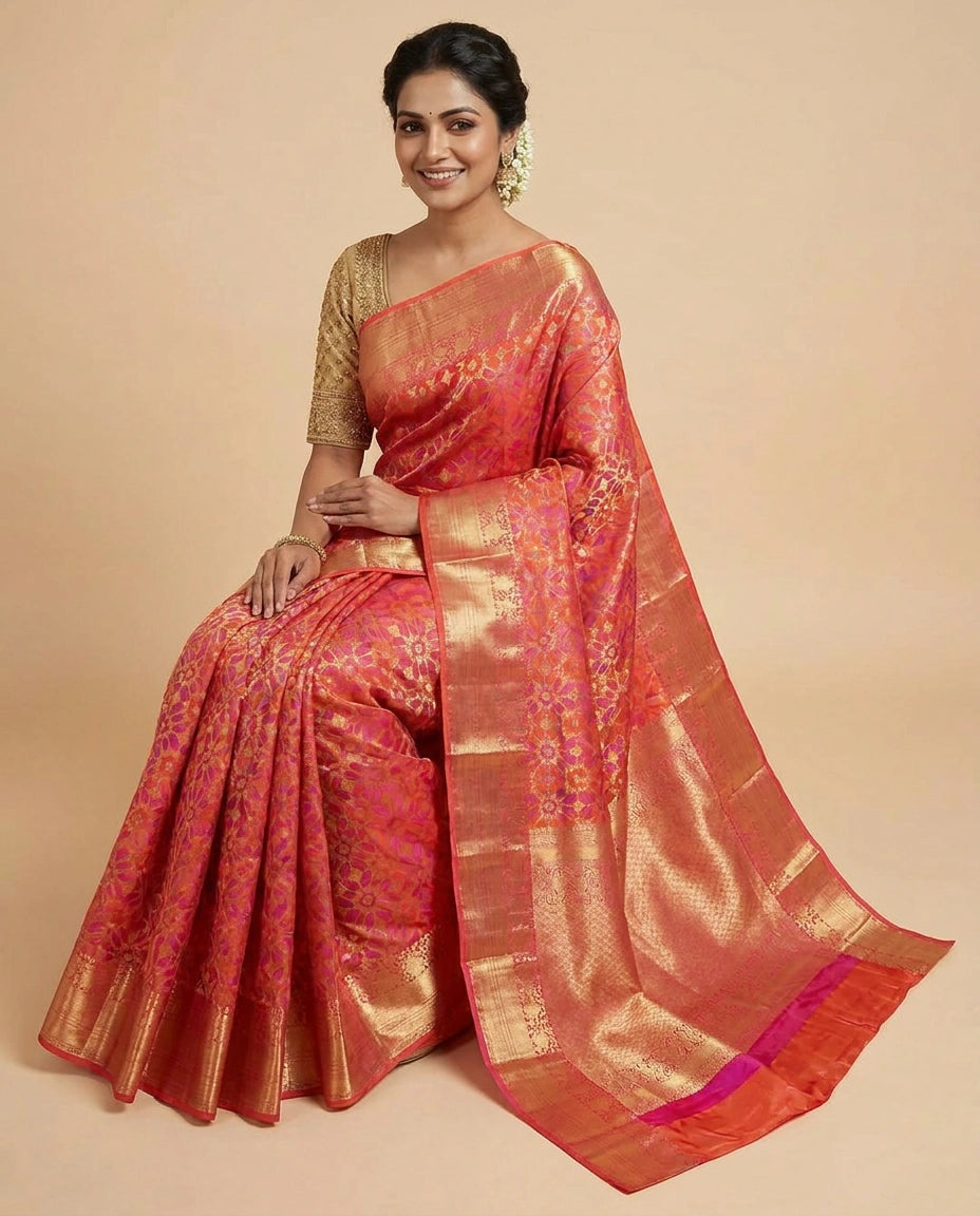Orange Kanchipuram Saree in Silk Katan - Rangoli India