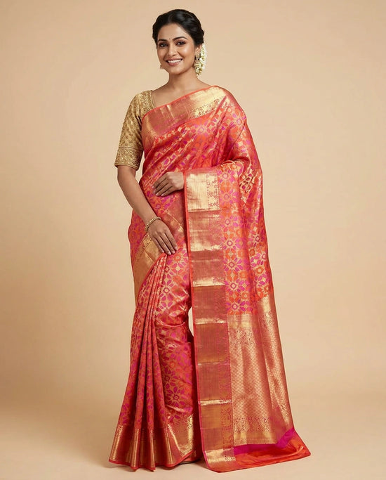 Orange Kanchipuram Saree in Silk Katan - Rangoli India
