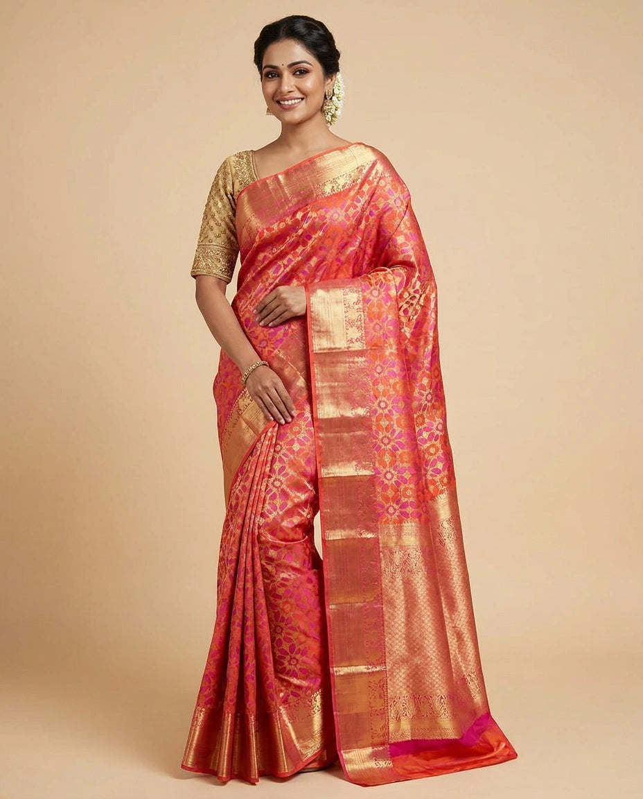 Orange Kanchipuram Saree in Silk Katan - Rangoli India