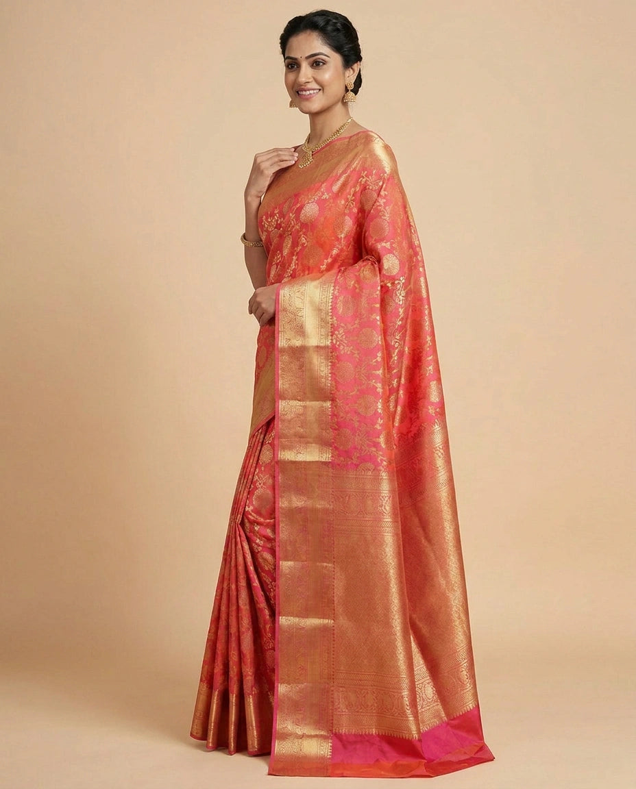 Orange Pure Silk Katan Kanchipuram - Rangoli India