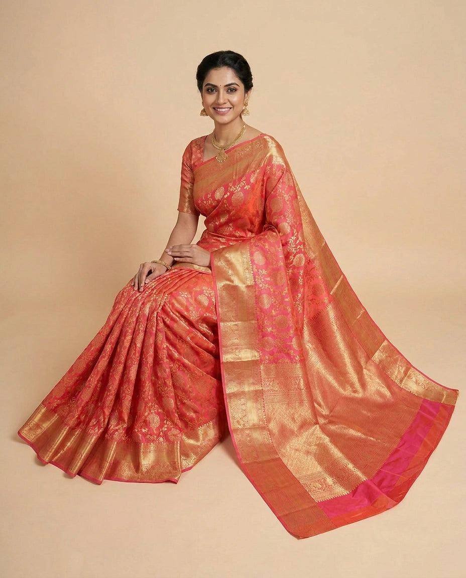 Orange Pure Silk Katan Kanchipuram - Rangoli India