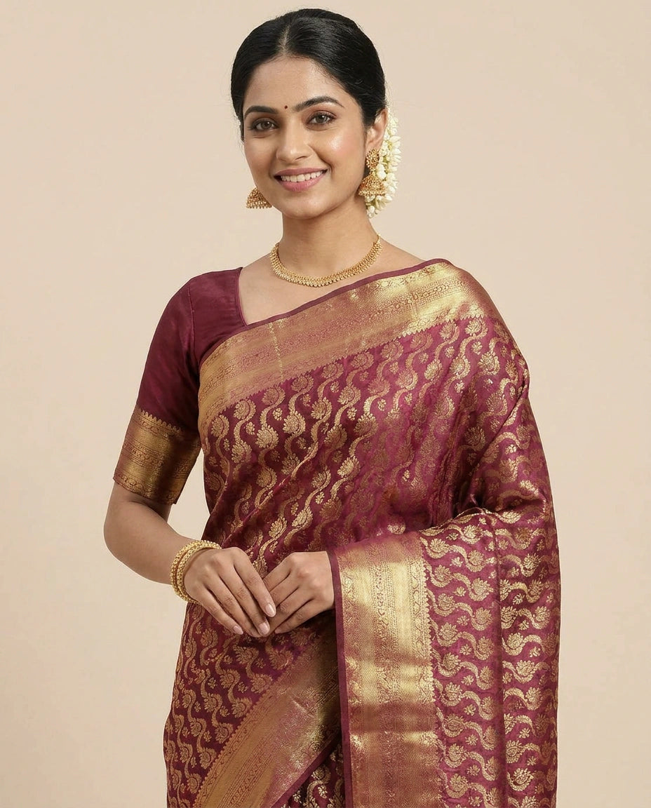 Wine Kanchipuram Saree - Rangoli India
