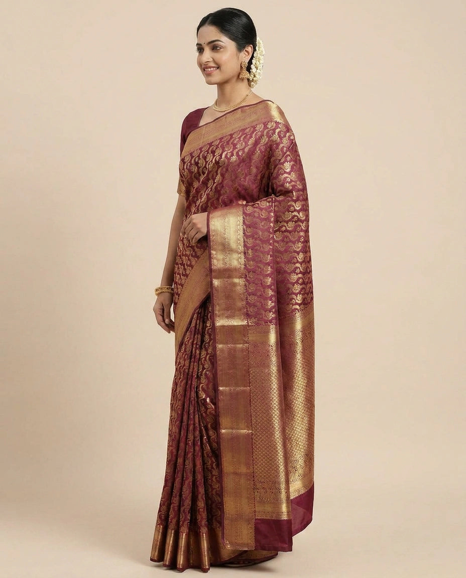 Wine Kanchipuram Saree - Rangoli India