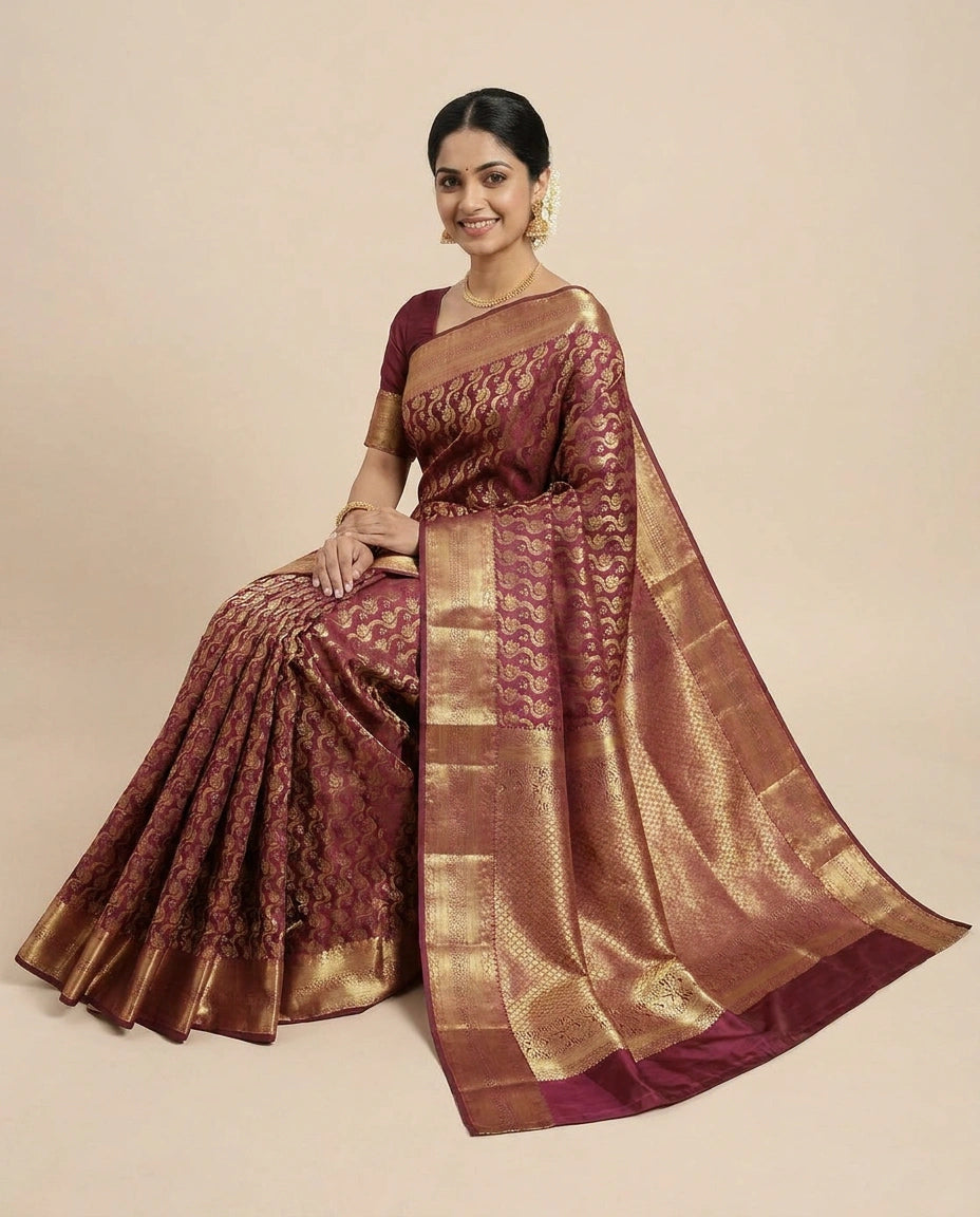 Wine Kanchipuram Saree - Rangoli India