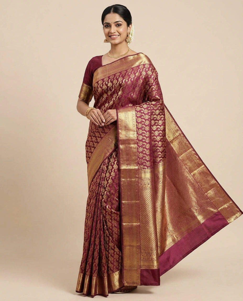Wine Kanchipuram Saree - Rangoli India