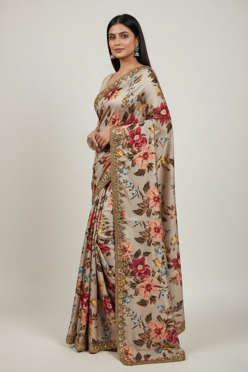 Handcrafted Chinon Embroidery Saree - Rangoli Sarees