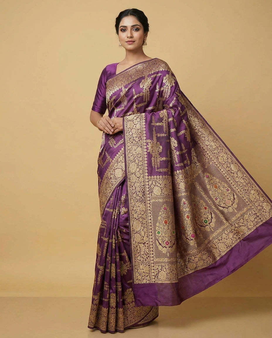 Magenta Varanasi Silk Katan Banarasi Saree with Fine Zari Border