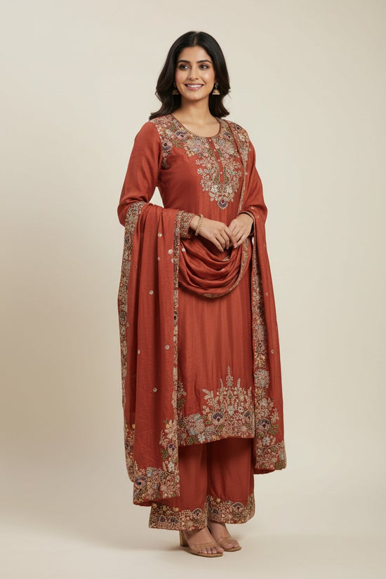 Artisan Chinon Chiffon Sharara Suit Set - Rust | Rangoli