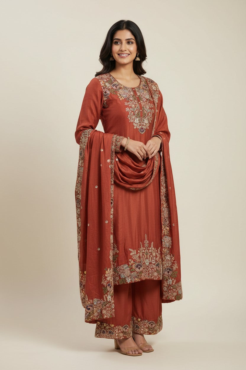 Artisan Chinon Chiffon Sharara Suit Set - Rust | Rangoli