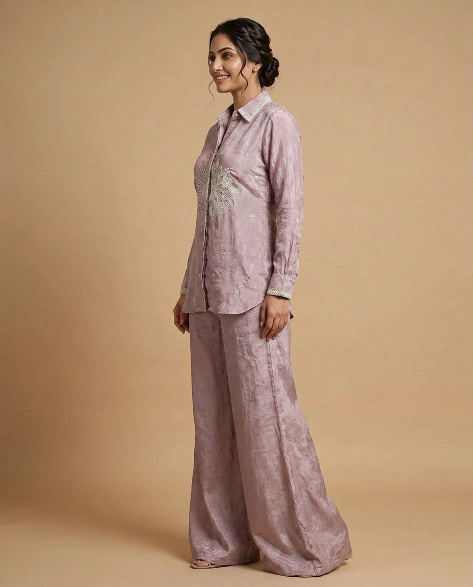 Mauve Chinon Co-ord Set with Embroidered Yoke Detail - Rangoli India