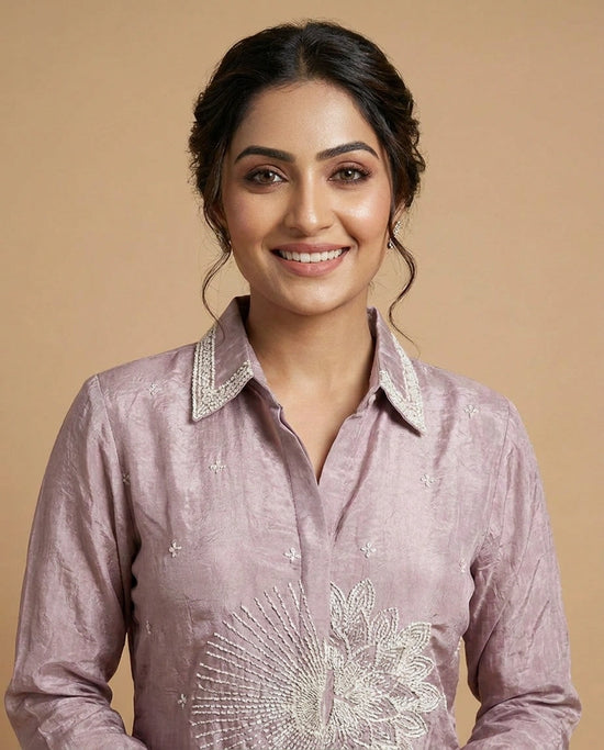 Mauve Chinon Co-ord Set with Embroidered Yoke Detail - Rangoli India