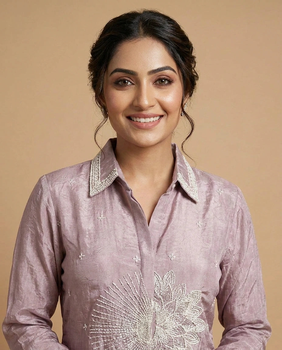 Mauve Chinon Co-ord Set with Embroidered Yoke Detail - Rangoli India
